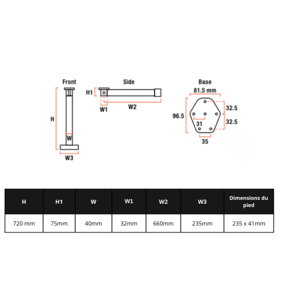 dimensiones asociadas al pie de mesa en T Astro 2 Lippert