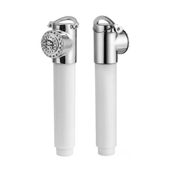 The shower head seen from front and back