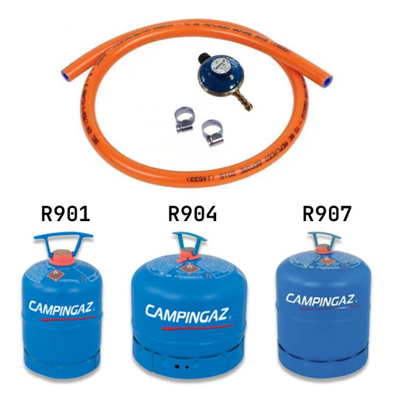 Kit with flexible gas hose, hose clamps, type 140 regulator for Campingaz bottle R901, R904 and R907