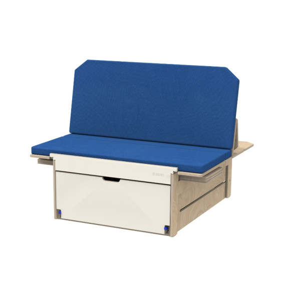 Ausziehbare Schublade unter dem Schiebebett für Transporter, die als Platz für eine Kühlbox oder Kisten dient.