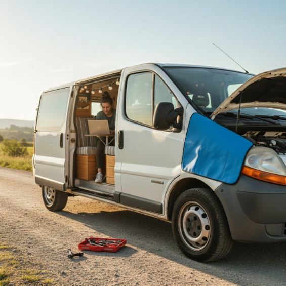 Die Magnetplane auf dem Kotflügel eines Renault Trafic installiert