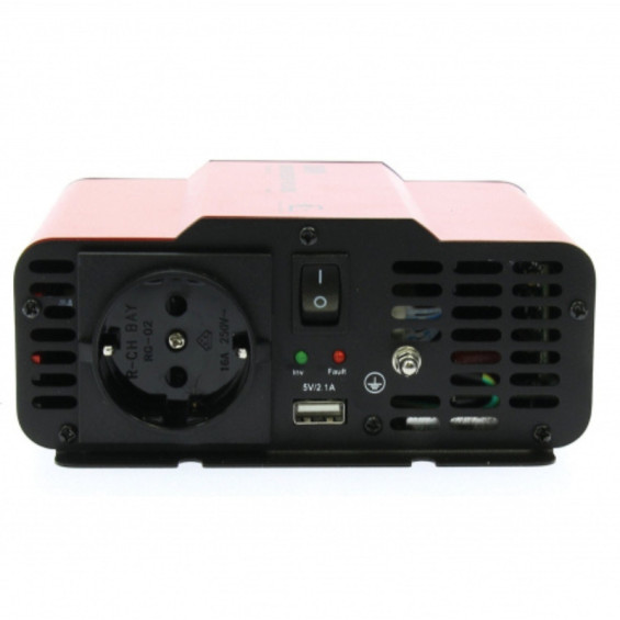 Front panel of the EZA 300W pure sine wave inverter with mains socket, USB port and on/off switch