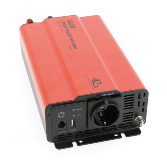 front panel of the 500W converter showing the AC mains socket, USB port and switch