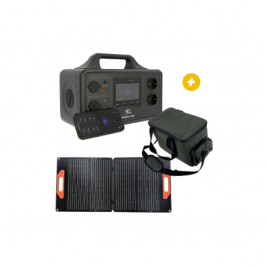Pack Power Station EZA Power-E 500 mit Tasche und 60W Solarpanel, Dreiviertelansicht