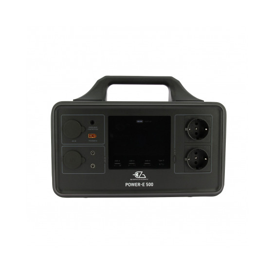 Tragbare Stromstation EZA Power-E 500, Vorderansicht, LCD-Display und Ausgangsanschlüsse sichtbar