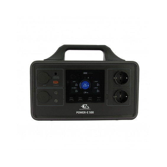 Power Station EZA Power-E 500, vista frontal, asa de transporte y conectores