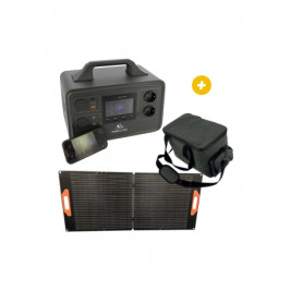 Vista general del pack EZA: Power Station E1200, bolsa de transporte y panel solar 100W