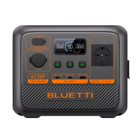 Power Station Bluetti AC50P 504 Wh - Vorderansicht mit LCD-Display und Ausgängen