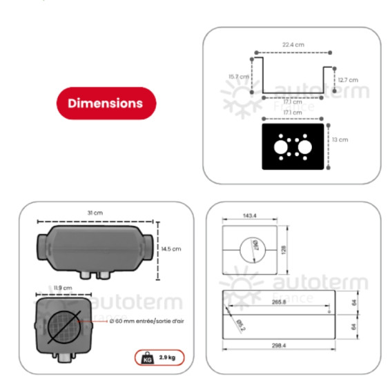 Dimensiones de la calefacción Autoterm para furgoneta amenagada