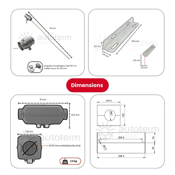 Dimensiones del kit de calefacción Autoterm Air 2D para Ford Transit Custom