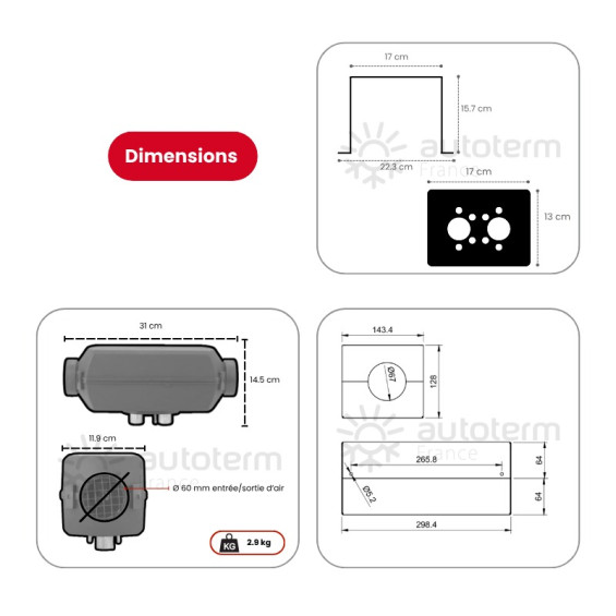 Abmessungen des Heizungssets Autoterm Air 2D Volkswagen Crafter 2006/2016 - Außenmontage - 12V