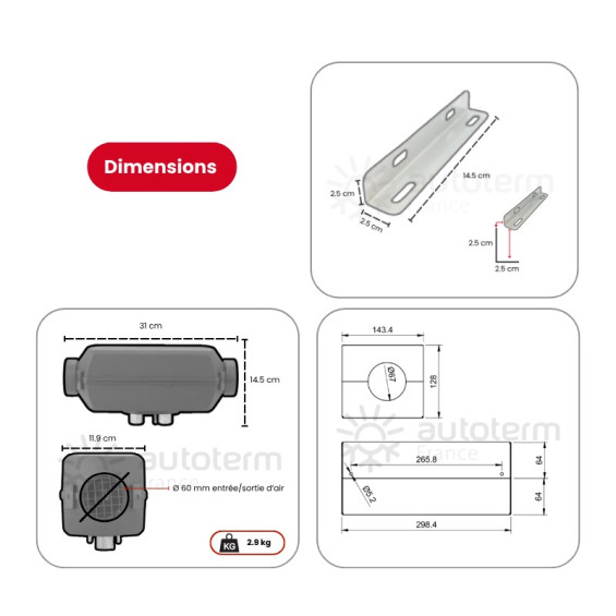 Dimensiones del Kit de calefacción Autoterm Man TGE L1H1/L2H2 - montaje exterior - 12V - 2006 a 2016
