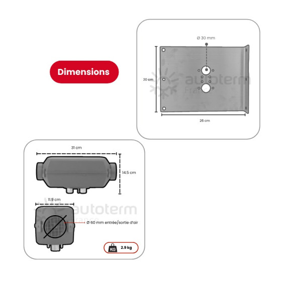 Esquema dimensional de la calefacción Autoterm Air 2D y de la placa de montaje para Renault Master XDD L1H1/L2H2 - vista frontal