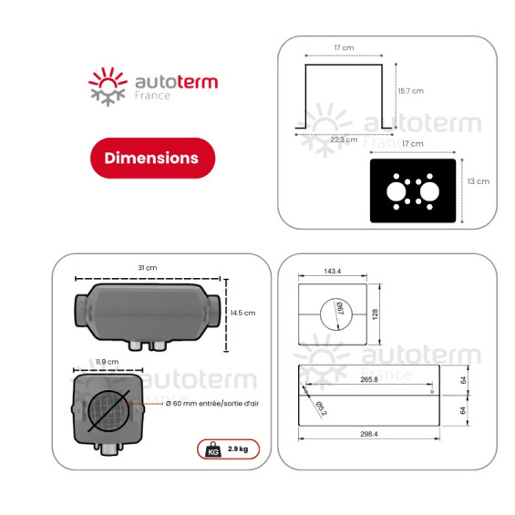 Abmessungen des Heizungs-Kits Fiat Talento - Außenmontage - 12V