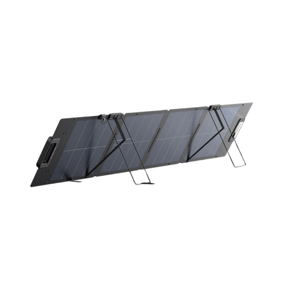 EcoFlow 110 W lightweight portable solar panel unfolded and tilted on its integrated stand, three-quarter view