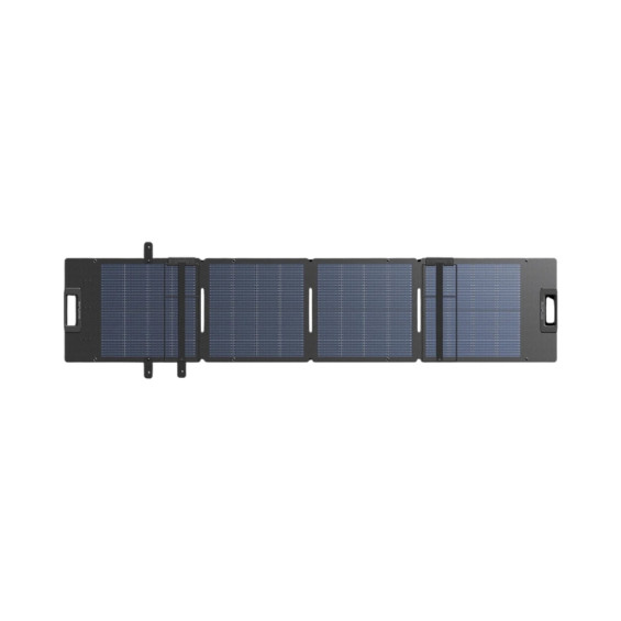 EcoFlow 110 W lightweight portable solar panel unfolded flat, rear view, black monocrystalline cells on 4 panels