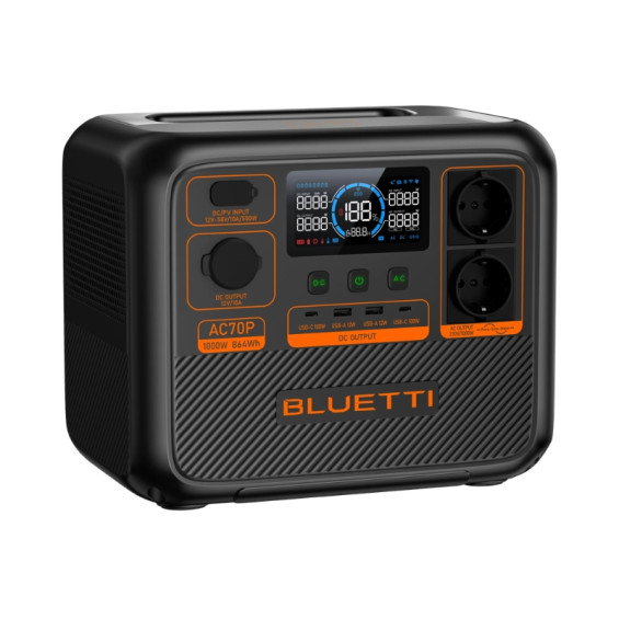 Generador eléctrico solar Bluetti AC70P Premium 80 mostrando el diseño compacto en tres cuartos