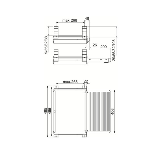 Schema mit Installationsmaßen der ausziehbaren Trittstufe für ausgebauten Transporter