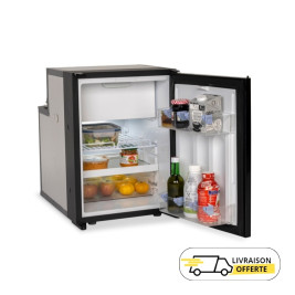Carbest CVB50 compressor fridge open and filled with fruit and chilled drinks