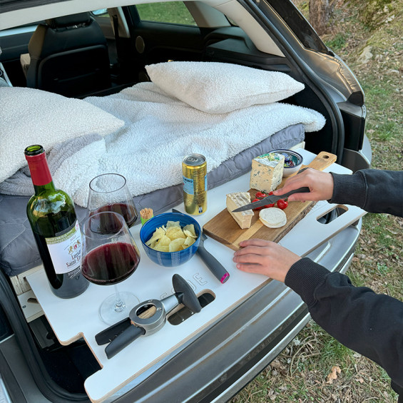 folding bed with integrated table for car and SUV