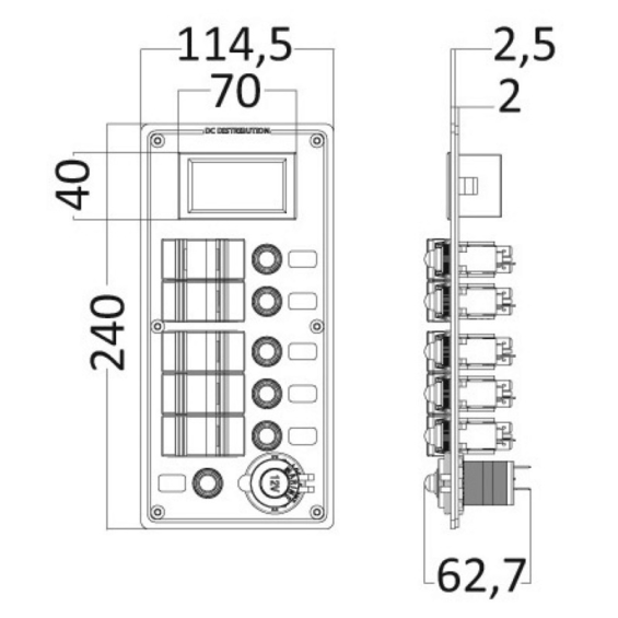 Abmessungen der Schalttafel mit 5 Schaltern, 5 Sicherungsautomaten, digitalem Voltmeter
