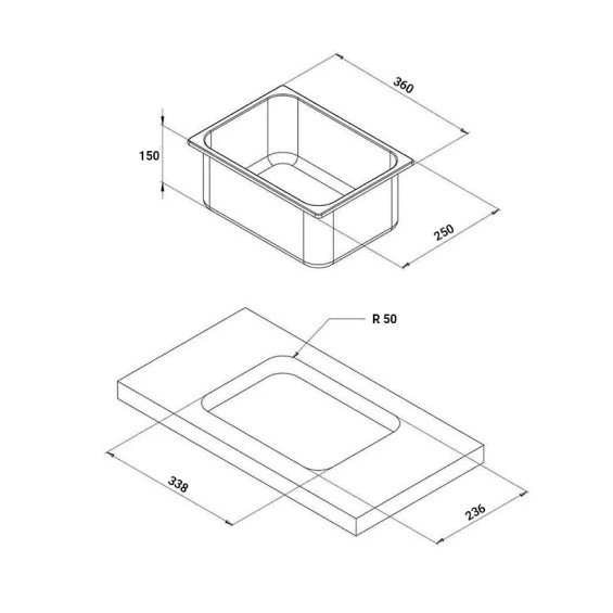 Dimensiones de Fregadero inox 360 x 250 x 150mm