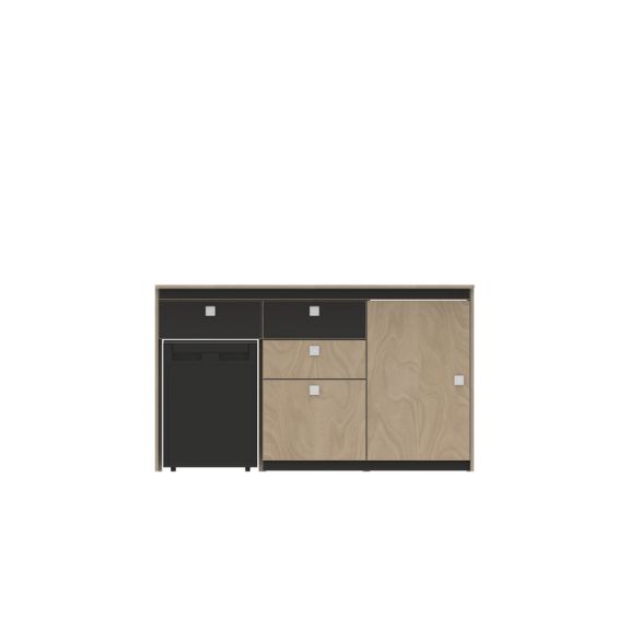 TRIO 2 - Élément bas avec emplacement réfrigérateur, 3 tiroirs, 1 grande porte - LONGBOARD