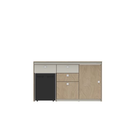 TRIO 2 - Élément bas avec emplacement réfrigérateur, 3 tiroirs, 1 grande porte - LONGBOARD