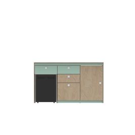 TRIO 2 - Élément bas avec emplacement réfrigérateur, 3 tiroirs, 1 grande porte - LONGBOARD