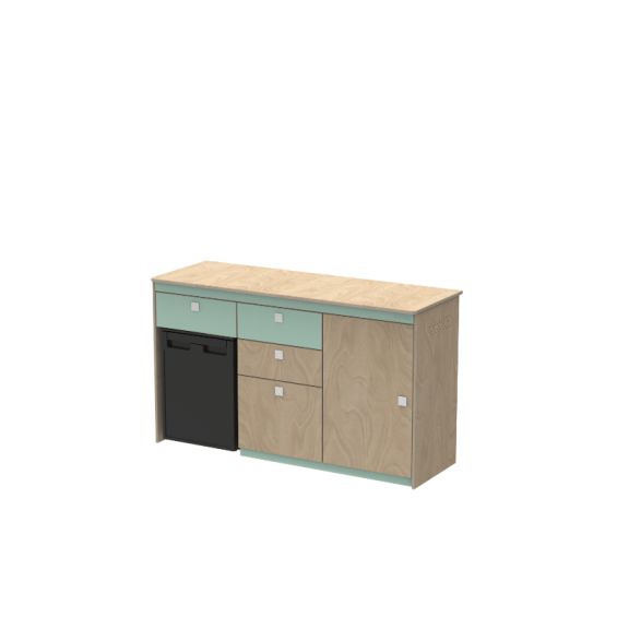 TRIO 2 - Élément bas avec emplacement réfrigérateur, 3 tiroirs, 1 grande porte - LONGBOARD