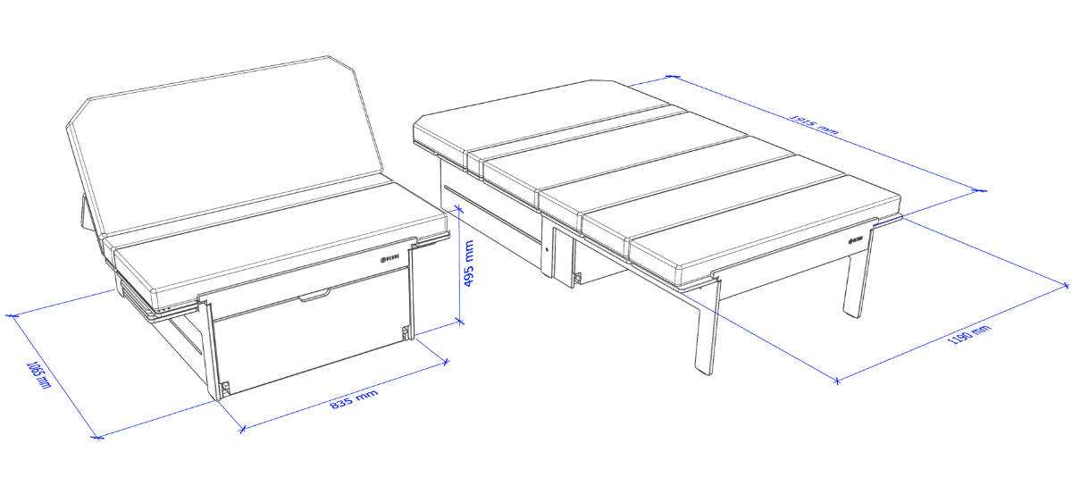 Esquema y dimensiones de la cama para van de 120 cm